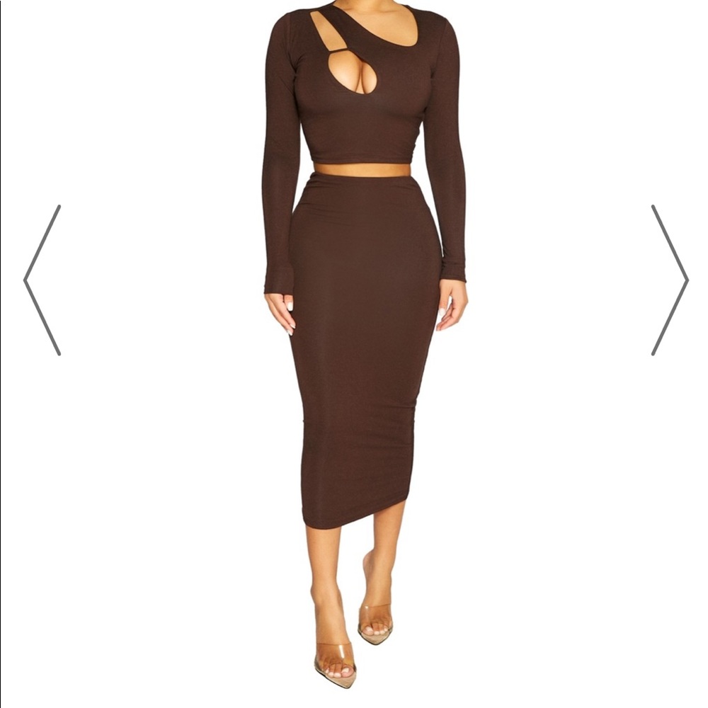 NAKED WARDROBE Chocolate High Waisted Stretch Double Lined MIDI Skirt